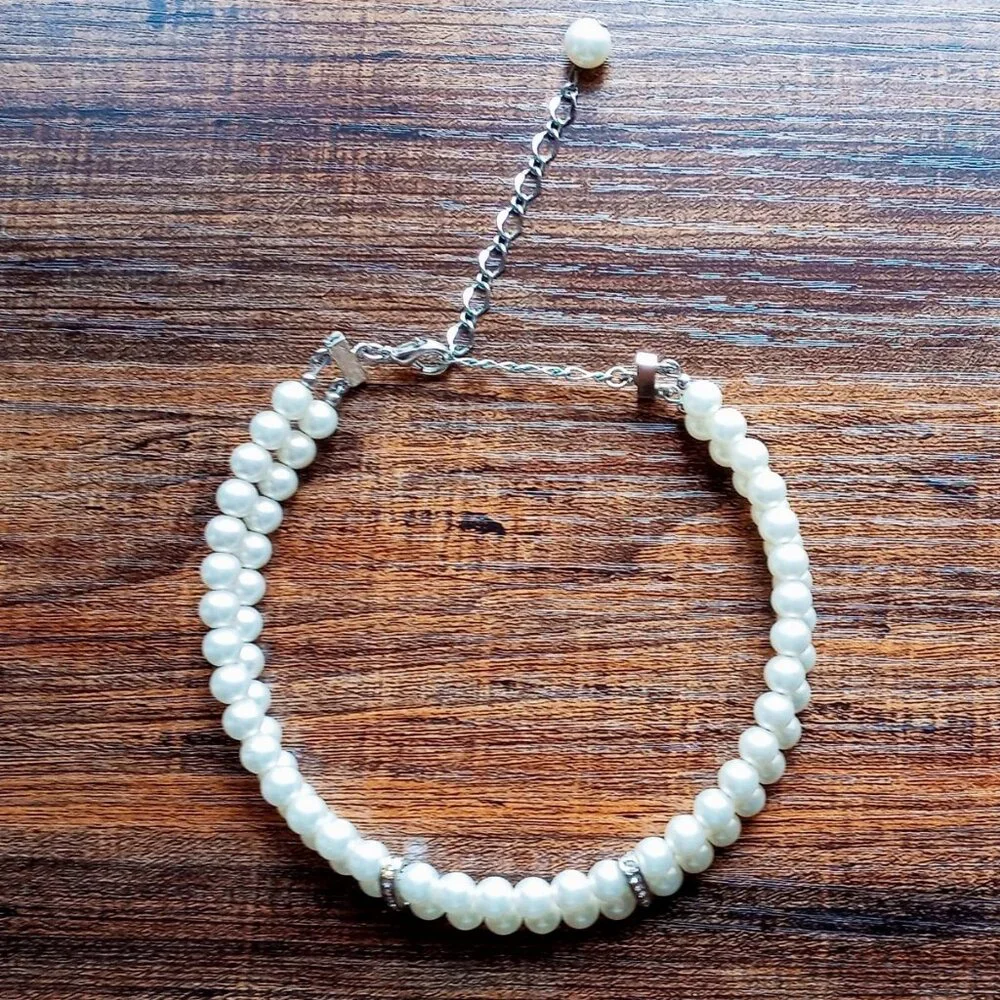 Beautiful & Elegant Double-strand Faux Pearl Necklace w/Rhinestone Spacers NWOT - Picture 4 of 11